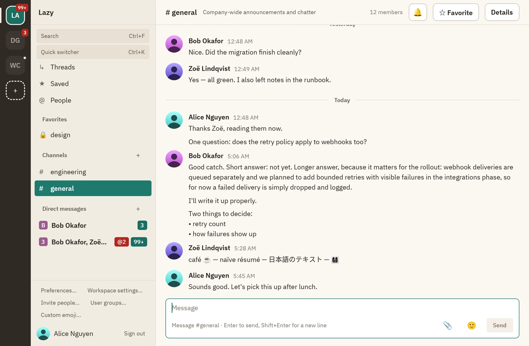 Lazy desktop showing channels, direct messages, avatars and a conversation with sample messages.