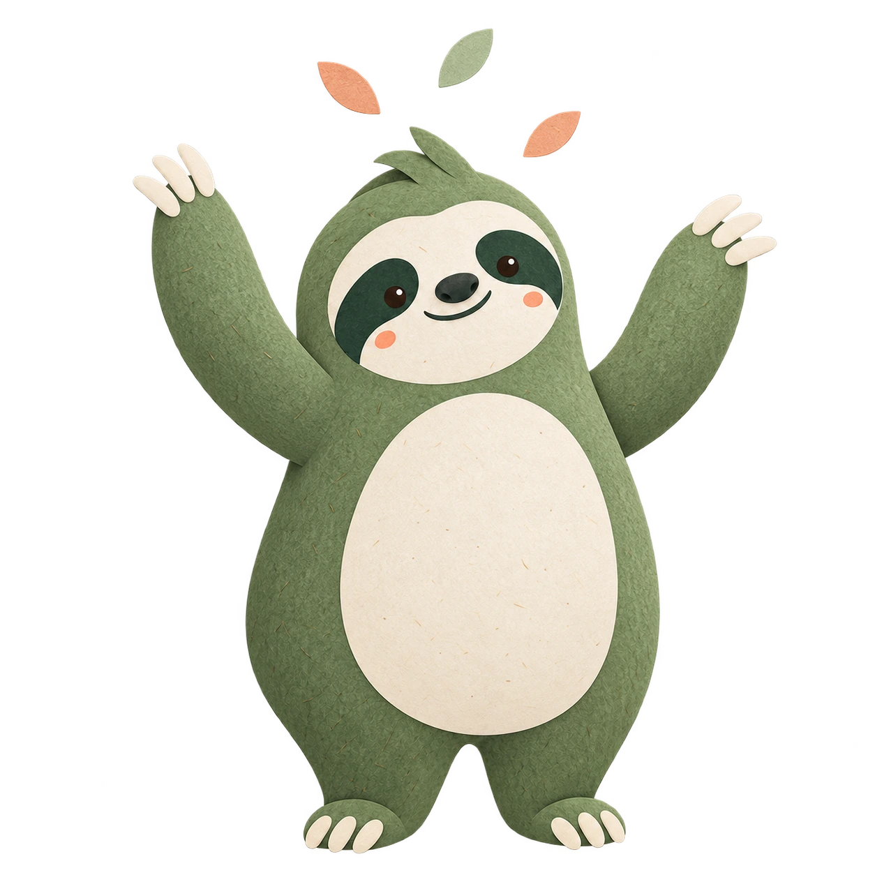 Moss the paper-cut sloth raising its arms in a quiet celebration