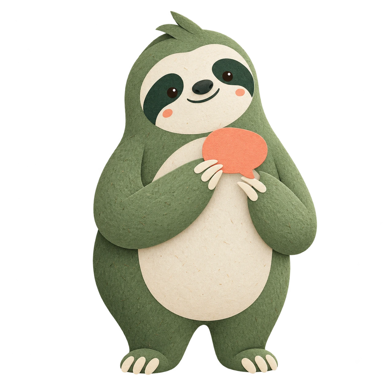 Moss, Lazy’s paper-cut sloth, holding a conversation bubble